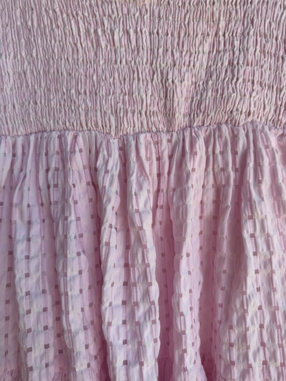MABLE Pink Smocked Puff Sleeve Textured Check Tiered Babydoll Mini Dress Small - Picture 10 of 16